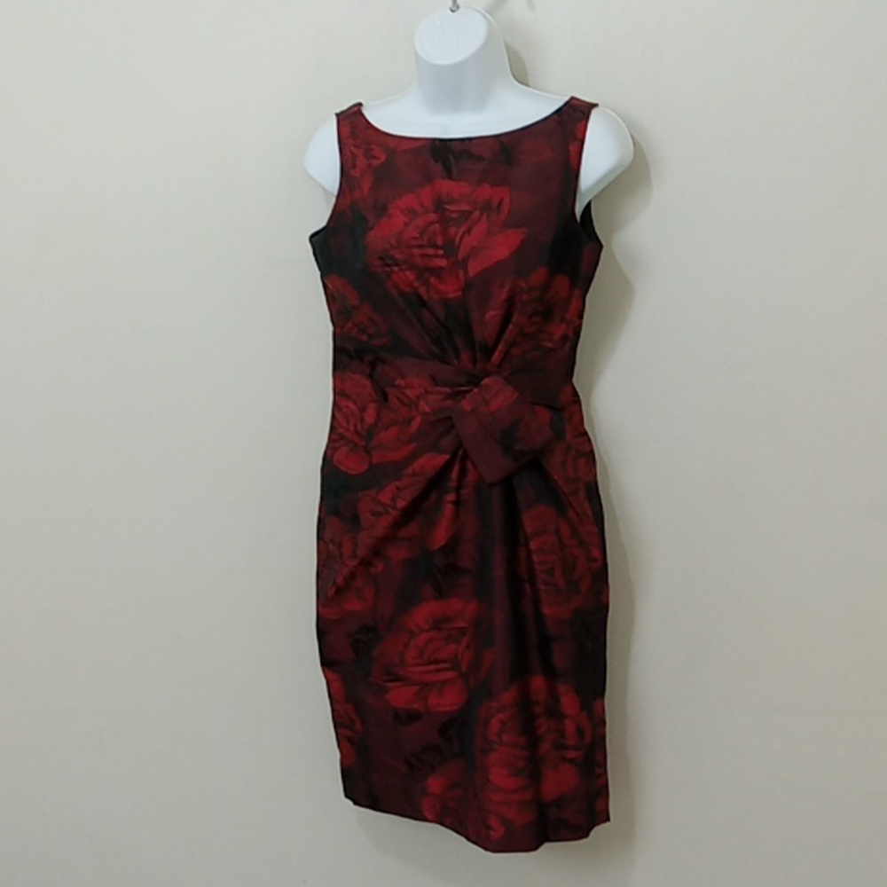 Jones Wear Size 6 Petite Red Floral Sleeveless Faux Wrap Dress